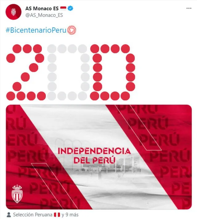 Saludos por el Bicentenario del Perú. Foto: AS Monaco
