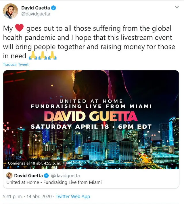 El anuncio de David Guetta sobre la presentación online en su cuenta de Twitter.