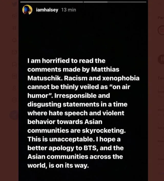Halsey expresa su rechazo a expresiones xenofóbicas contra BTS. Foto: Instagram