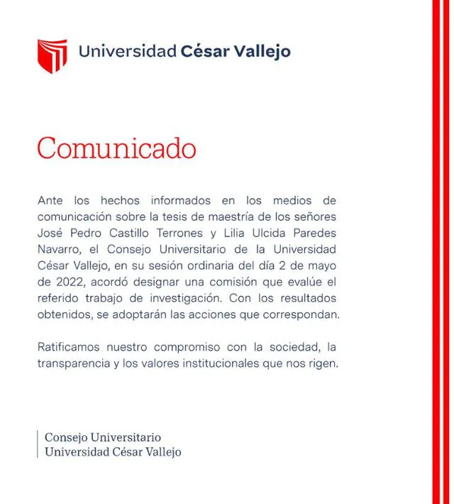 UCV se pronunció sobre tesis plagiada de Pedro Castillo. Foto: Captura Twitter