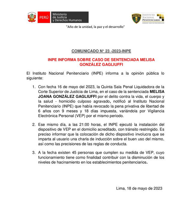  INPE informó que Melisa González cumple su condena con dispositivo VEP. Imagen: INPE   