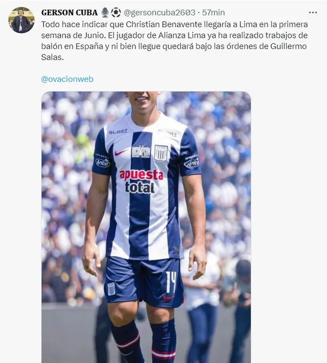  Cristian Benavente ya tendría fecha de regreso en Alianza Lima. Foto: captura Twitter Gerson Cuba   