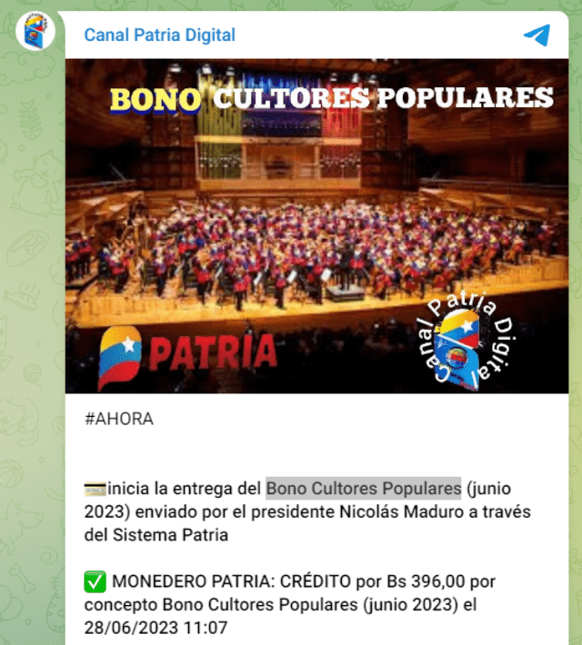 La entrega del Bono Cultores Populares inició el pasado miércoles 28 de junio. Foto: Canal Patria Digital
