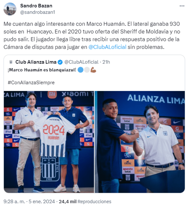 Marco Huamán es el noveno fichaje de Alianza Lima. Foto: X.    