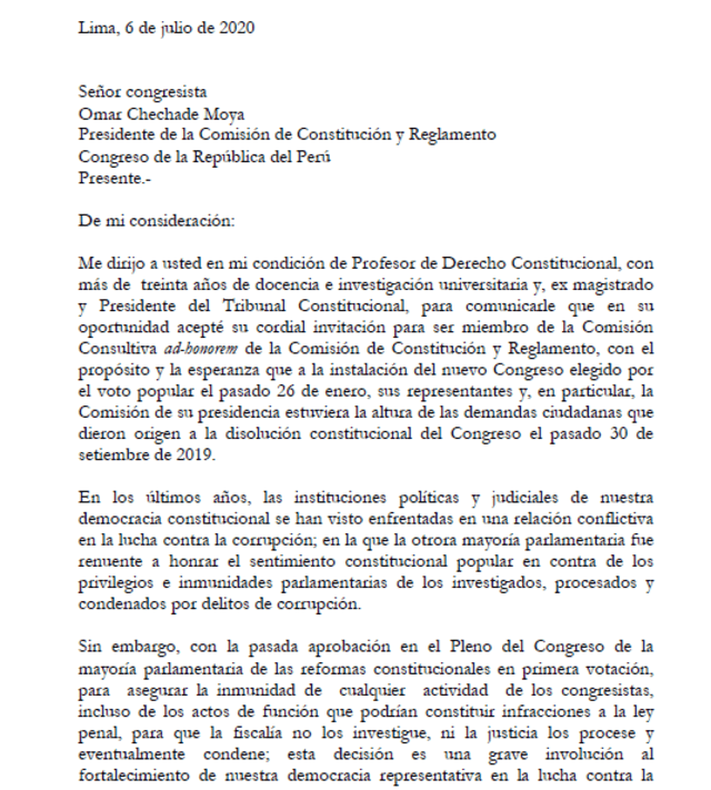 Renuncia del doctor César Landa al Consejo Consultivo de la Comisión de Constitución.