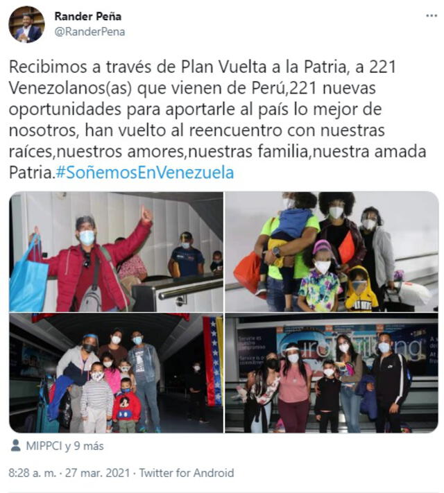 Casi 230 personas de nacionalidad venezolana se devolvieron en un vuelo desde Perú. Foto: captura de Twitter