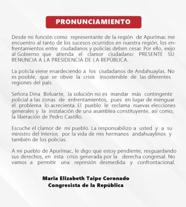 Comunicado de Maria Taipe. Foto: Documento