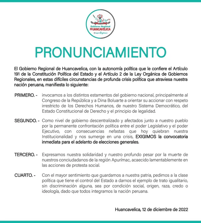 Comunicado Gobierno regional Huancavelica