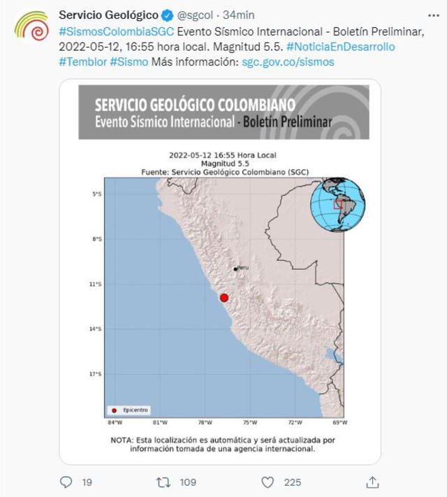 Sismo de magnitud de 5,5 se registró en el Valle del Cauca, Colombia, este jueves 12 de mayo de 2022. Foto: captura Twitter