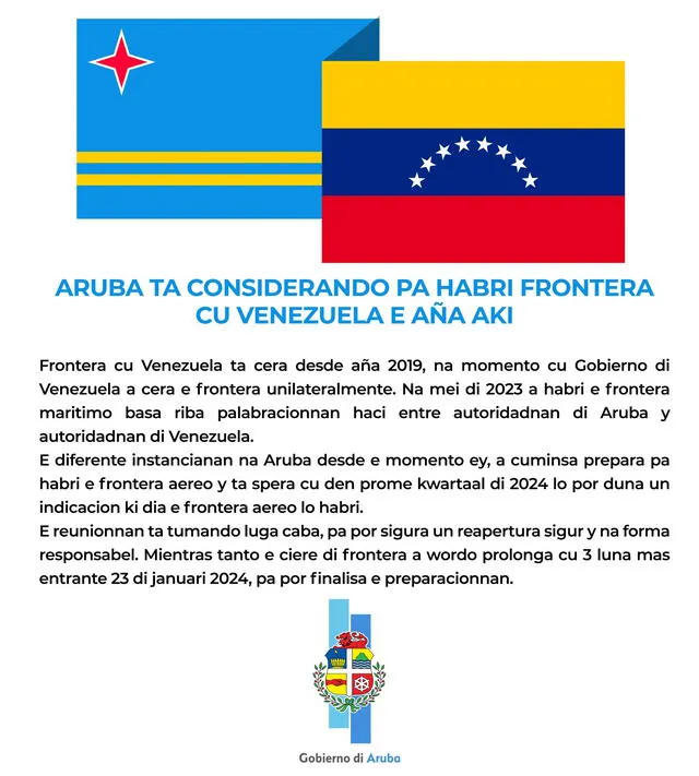Aruba considera abrir su frontera aérea con Venezuela este año. Foto: Gabinete Wever-Croes/Facebook