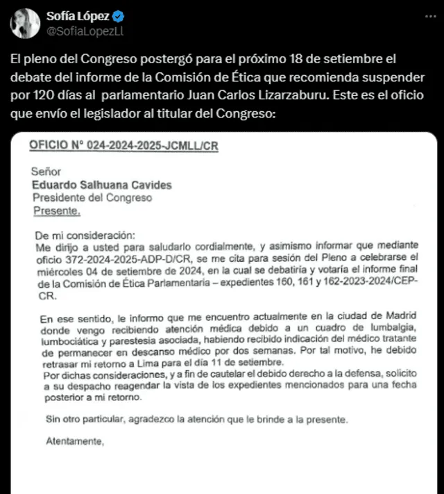 Lizarzaburu envió un oficio dirigido al presidente del Congreso, Eduardo Salhuana. Foto: Sofía López.   