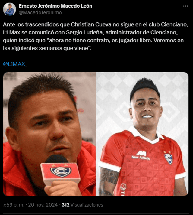 Postura de Cienciano sobre Cueva. Foto: X/Ernesto Macedo.   