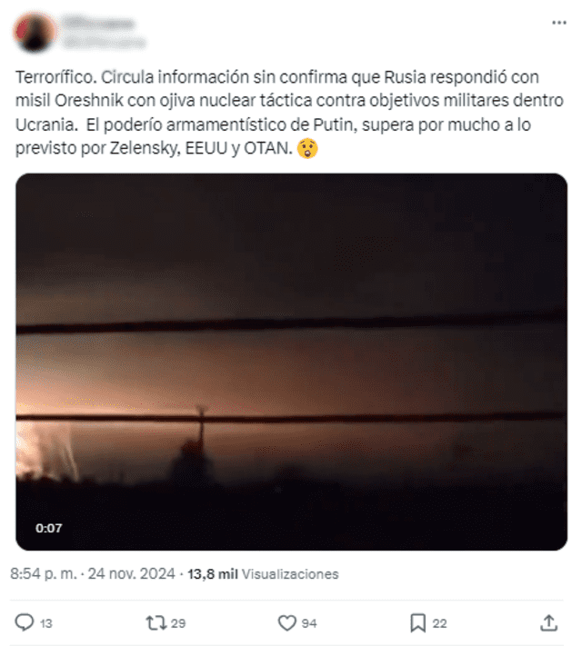 <em> Desinformación sobre una supuesta bomba atómica sobre Ucrania. Foto: captura de X</em>   