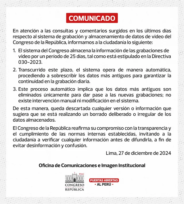 Comunicado del Congreso de la República sobre las grabaciones dentro del Parlamento