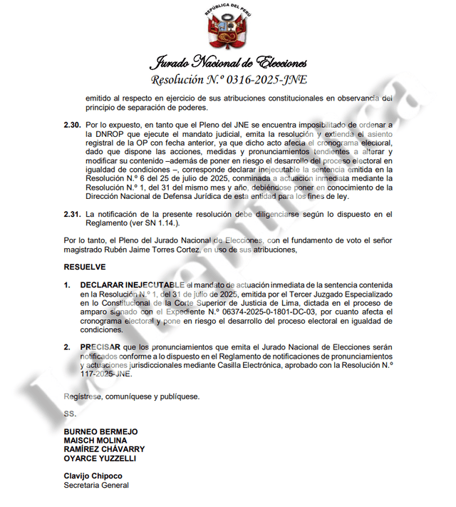 Resolución del Jurado Nacional de Elecciones con respecto al partido de Unidad Popular. 