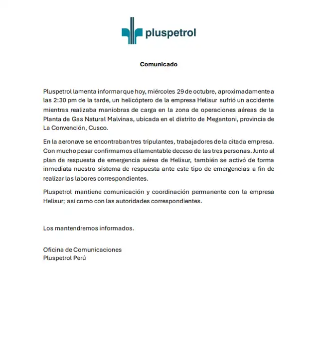 Comunicado oficial de Pluspetrol
