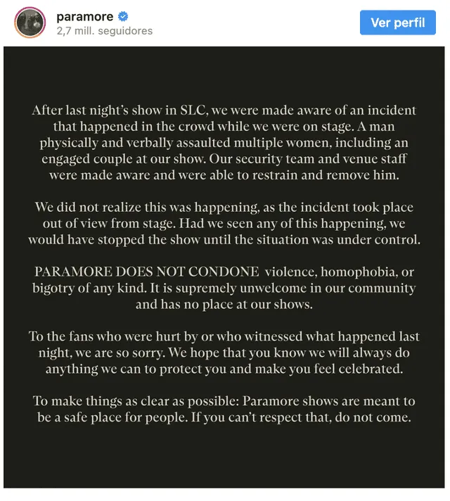 Paramore lanza advertencia tras agresión de fan a asistentes: “Si no puedes respetar no vengas”