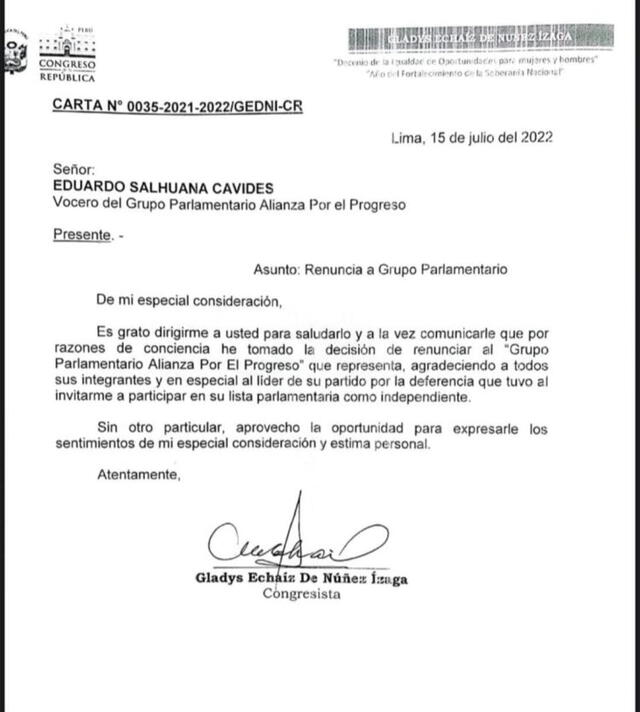 Carta de renuncia de Gladys Echaíz. Foto: documento
