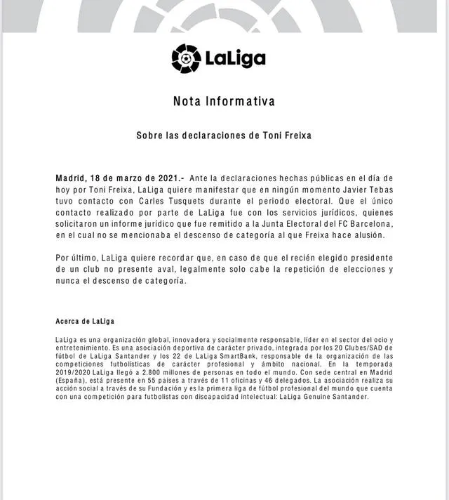 Comunicado de LaLiga sobre polémica con FC Barcelona. Foto: LaLiga Santander