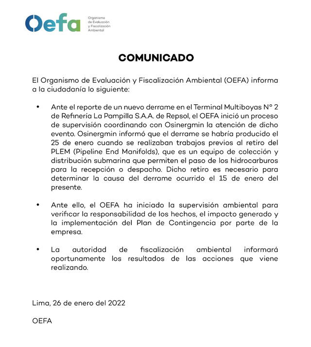 Comunicado de OEFA. Foto: Twitter