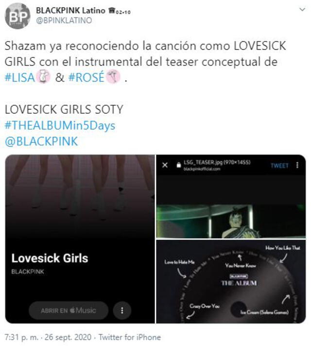 BLACKPINK: Lovesick aparece como el nombre del instrumental en los teasers. Foto: Twitter