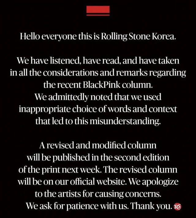 BLACKPINK: comunicado de Rolling Stone Korea. Foto: Instagram