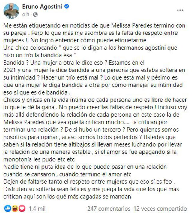 Bruno Agostini pide respeto para Melissa Paredes tras ampay. Foto: Facebook.