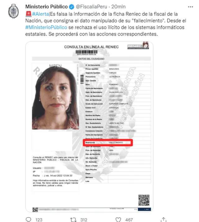 La supuesta Ficha Reniec de la Fiscal de la Nación, Patricia Benavides.