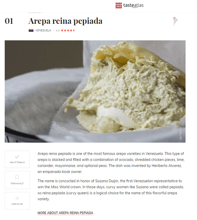  Según Taste Atlas, la arepa reina pepeada es la mejor variante de arepa. Foto: Taste Atlas 