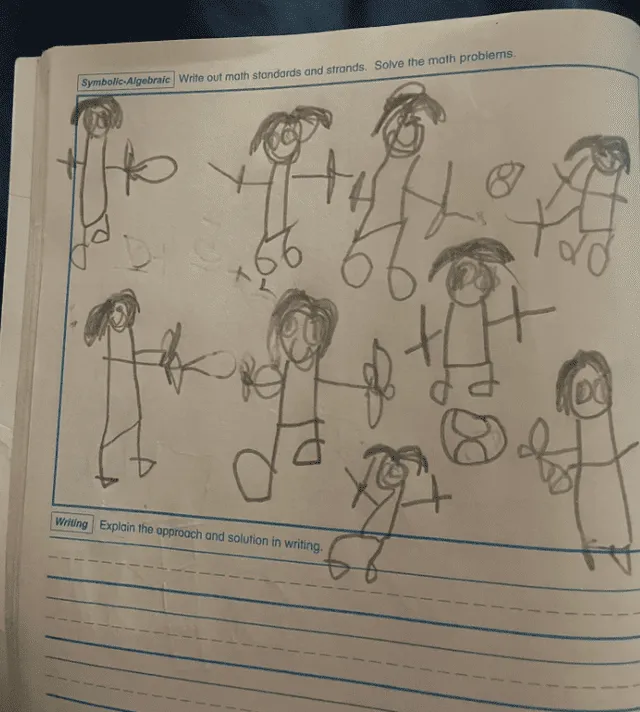 Los dibujos del pequeño inmigrante en su tarea de matemáticas. Foto: Texas Civil Rights Proyect.   