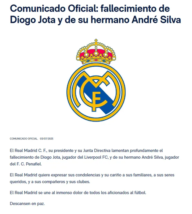 Comunicado del Real Madrid tras fallecimiento de Diogo Jota. Foto: Real Madrid Comunicado del Real Madrid tras fallecimiento de Diogo Jota. Foto: Real Madrid