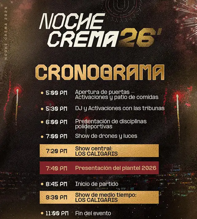 Cronograma oficial para la Noche Crema 2026. Foto: Universitario Cronograma oficial para la Noche Crema 2026. Foto: Universitario