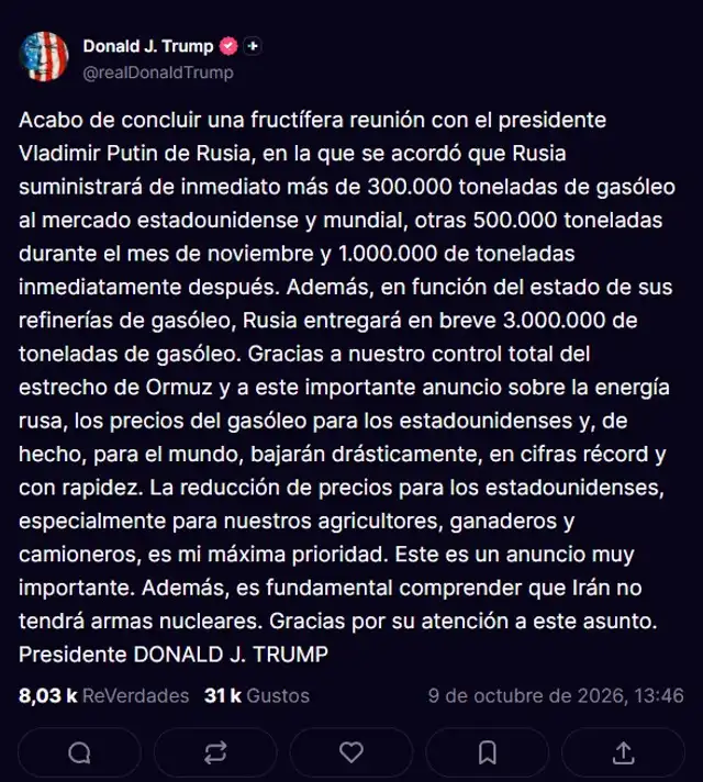 Donalt Trump celebra acuerdo con Rusia. Foto: Captura
