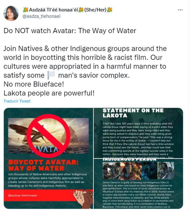 Tuit que acusa a "Avatar 2" de racista