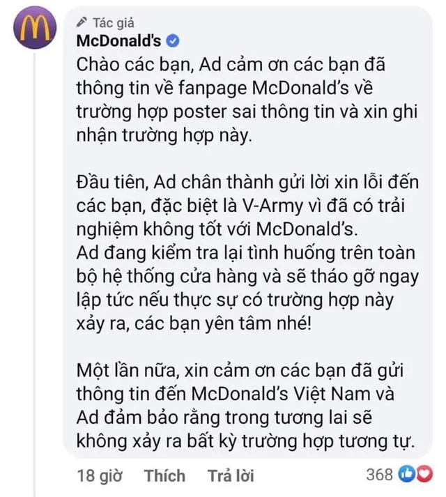McDonald's Vietnam en respuesta fijada de su fanpage. Foto: vía Twitter