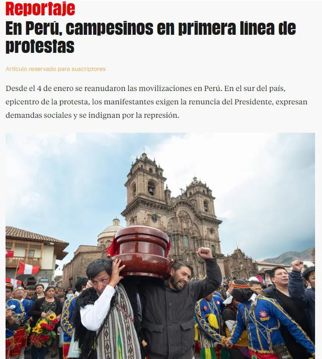 El medio francés Libération publicó también un reportaje titulado “En Perú, campesinos en primera línea de protestas”. Foto: captura Libération