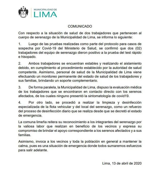 Comunicado de la Municipalidad de Lima