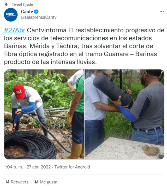 Cantv anuncia que el restablecimiento de sus servicios en Mérida, Táchira y Barinas será de manera progresiva. Foto: captura Twitter