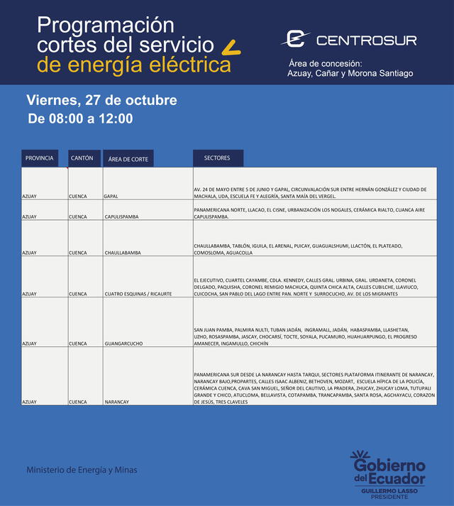 Centrosur anunció los el corte de luz en Cuenca para hoy 27 de se octubre. Foto: @centrosurec    