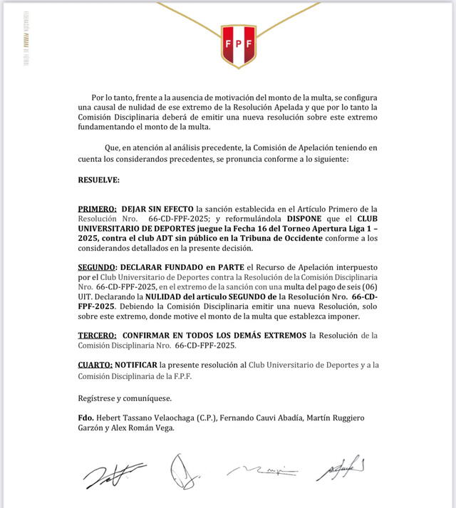  Tribunal de Apelaciones de la FPF dictamin que el Universitario vs Sporting Cristal se jugar con pblico 