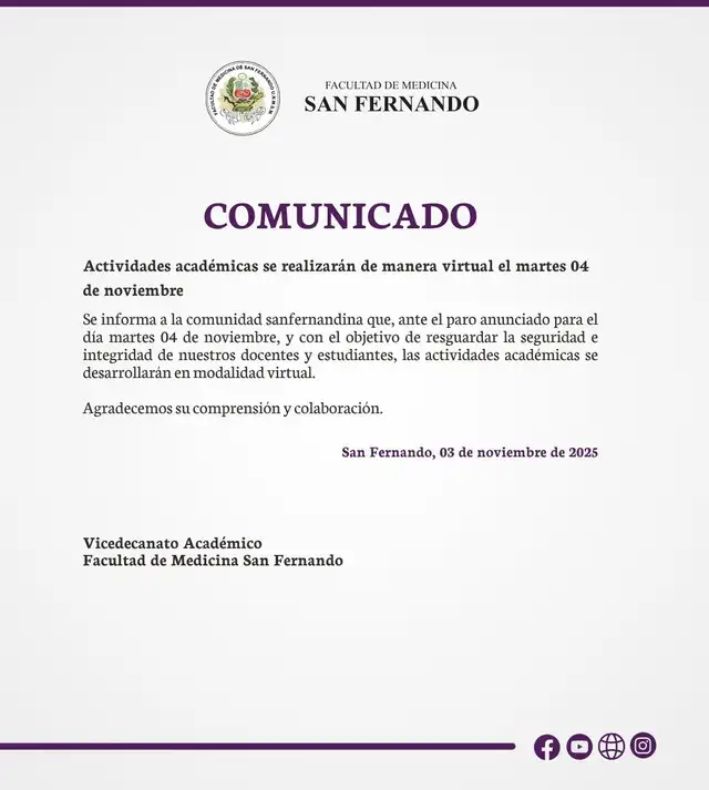 La Facultad de Medicina suspende clases presenciales durante el paro. Foto: X La Facultad de Medicina suspende clases presenciales durante el paro. Foto: X
