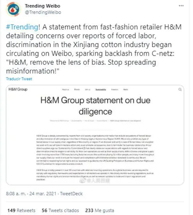El pronunciamiento de H&M respecto al algodón volvió a resurgir en Weibo, la red social principal de China. Foto: Trending Weibo vía Twitter
