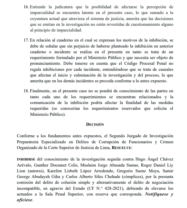 Juez Manuel Chuyo se inhibe de caso Petroperú por amistad con abogada de investigado. Foto: documento