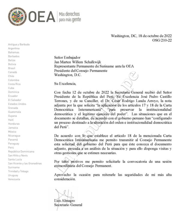 Pedro Castillo pedido ante la OEA.
