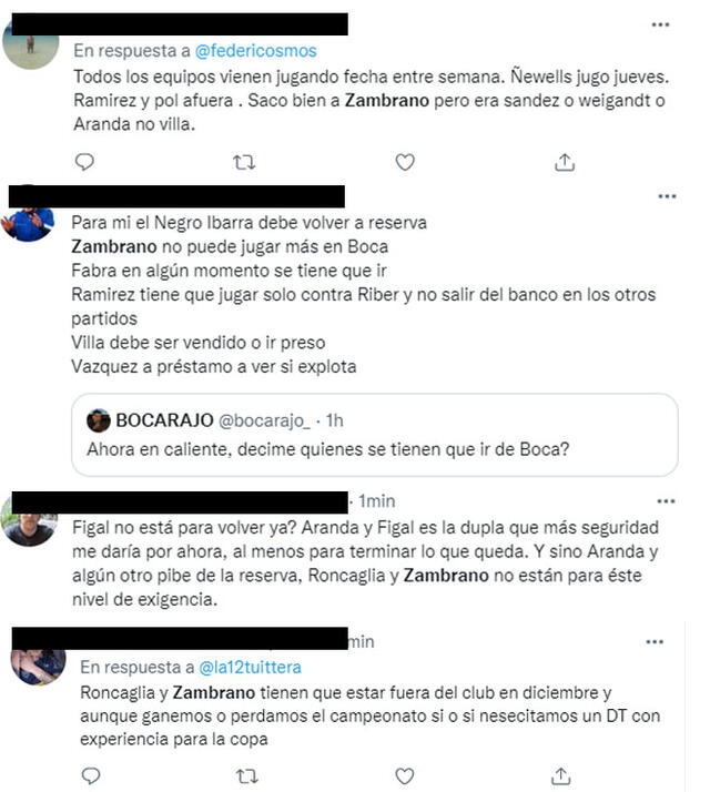 Tuits de hinchas xeneizes sobre Zambrano. Foto: composición LR/capturas de Twitter