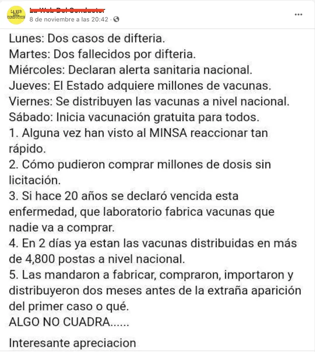 Publicación viral sobre el reciente brote de difteria en el país. Foto: captura de Facebook.