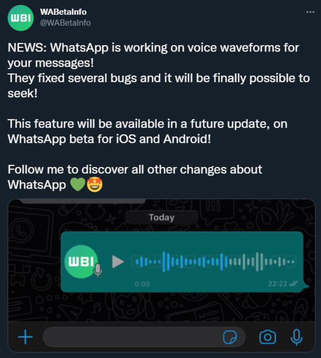 La cuenta oficial de WhatsApp Beta Info informó a sus seguidores acerca de la próxima actualización. Foto: Captura de Twitter