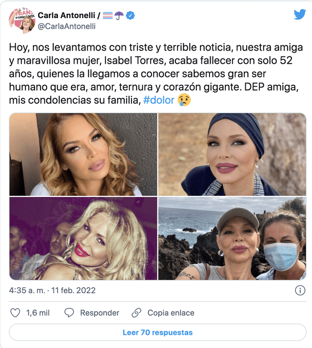 La diputada madrileña y activista transexual Carla Antonelli se pronunció sobre el fallecimiento de Isabel Torres. Foto: Twitter/ captura La diputada madrileña y activista transexual Carla Antonelli se pronunció sobre el fallecimiento de Isabel Torres. Foto: Twitter/ captura