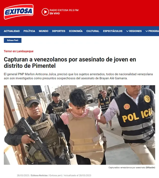  Reporte del 28 de marzo sobre el caso de sicariato en Chiclayo. Foto: captura en web / Exitosa.   