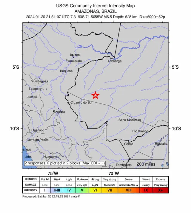 Brasil fue remecido la tarde de este sábado 20 de enero por un fuerte sismo. Foto: USGS   